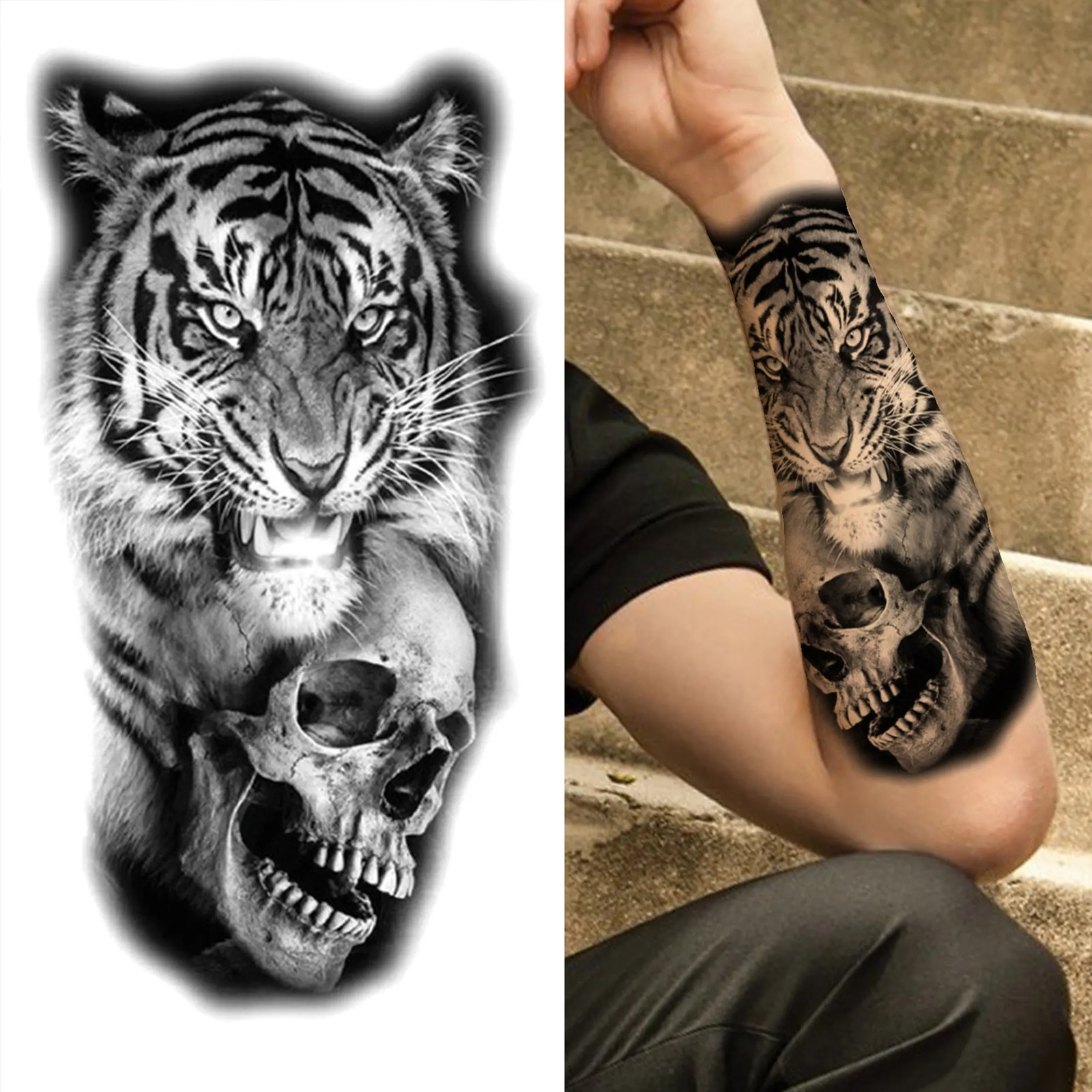 Forest Tiger Temporary Tattoos For Men Women Kids Lion Skull Cross Tattoo Sticker Black Compass Skeleton Leg Thigh 250219