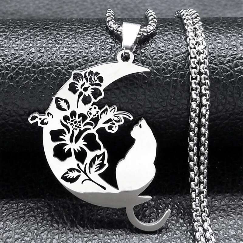 Aesthetic Cat wer Moon Crescent Necklace for Women Men Stainless Steel Sier Color Bohemia Chain Gift Jewelry collar 3220