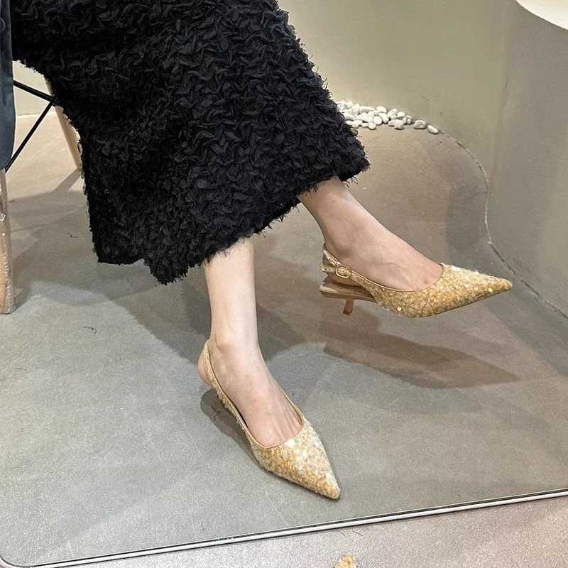 Wens Single Shoes with H Bling Pointed Toe Thin H Shoes Wen French A Sense of High-end Banquet Sandals The Woman Y250304