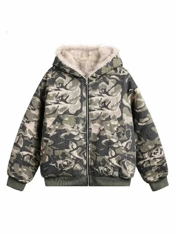 Retro Camouflage Plush Warm Zip Up Hoodie Y2K Jacket Mens Womens Gothic Retro Leaf Camouflage Oversized Hoodie Sweatshirt Jacket 250304