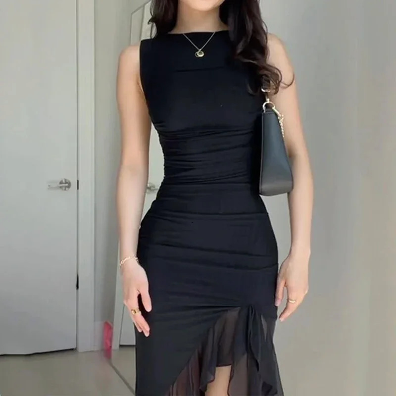 Wefad Maxi Dress Summer Elegant Solid Sleeveless Nipped Waist Slim Backless Ruffled Irregular Party Dresses Streetwear 250304