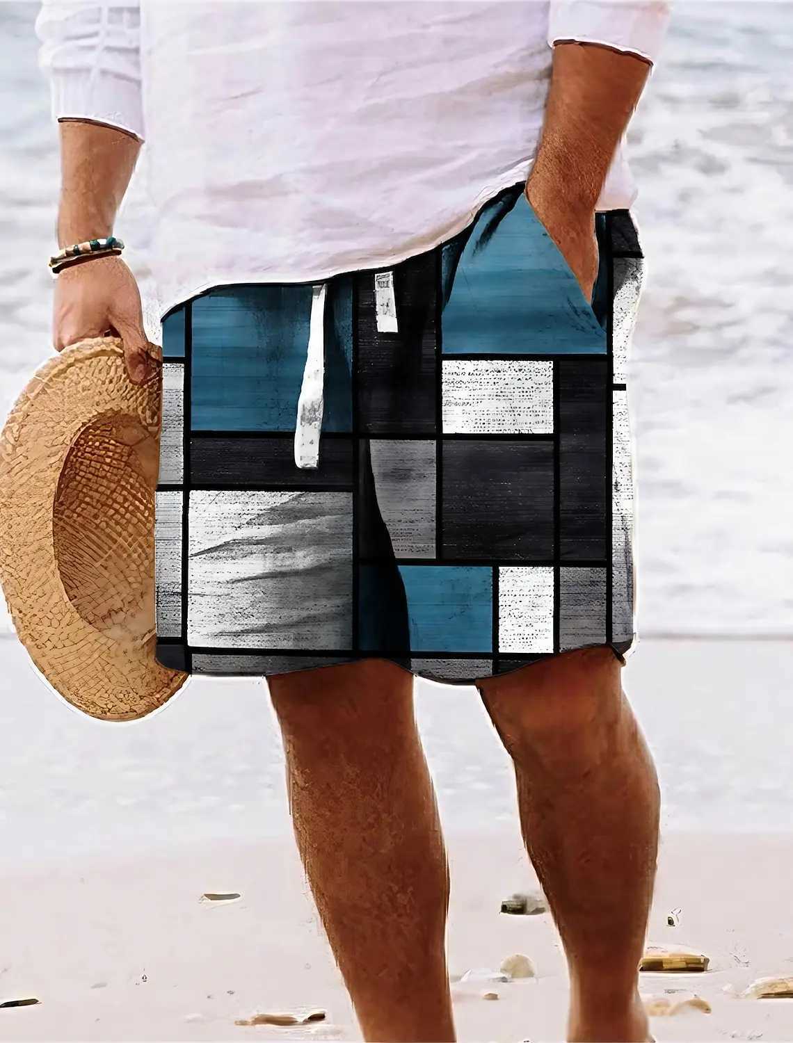 Mens Summer Shorts Beach Shorts Drawstring 3D Printed Color Blocks Geometric Breathable Soft Street Clothing HawaiiXJ250304