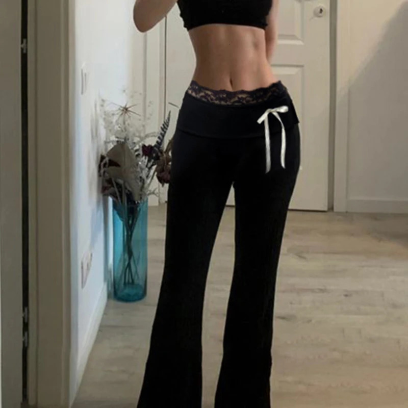HEYounGIRL Lace Patchwork Bow Detail Low Waisted Flare Pants Fashion Y2K Slim Fit Boot Cut Trousers Black Aesthetic Streetwear 250304
