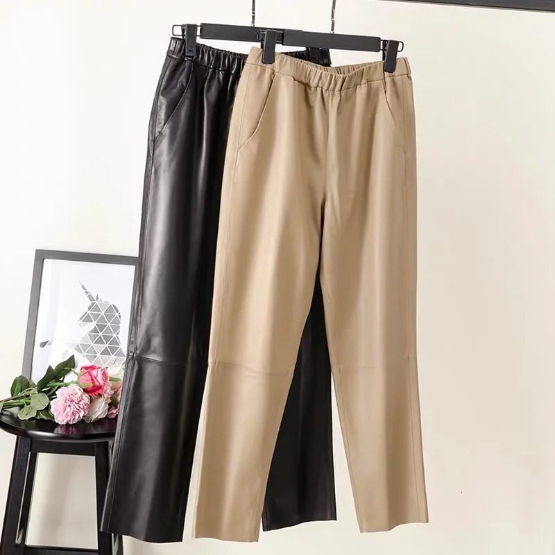 Genuine Leather Harem Pants Real Sheepskin Trousers High Waist Women 2024 Elastic Streetwear 250304