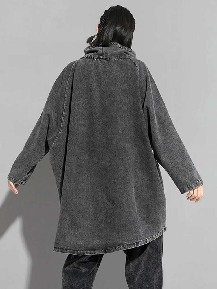 Loose Fit Black Denim Sweatshirt New High Collar Long Sleeve Women Big Size Fashion Spring Autumn