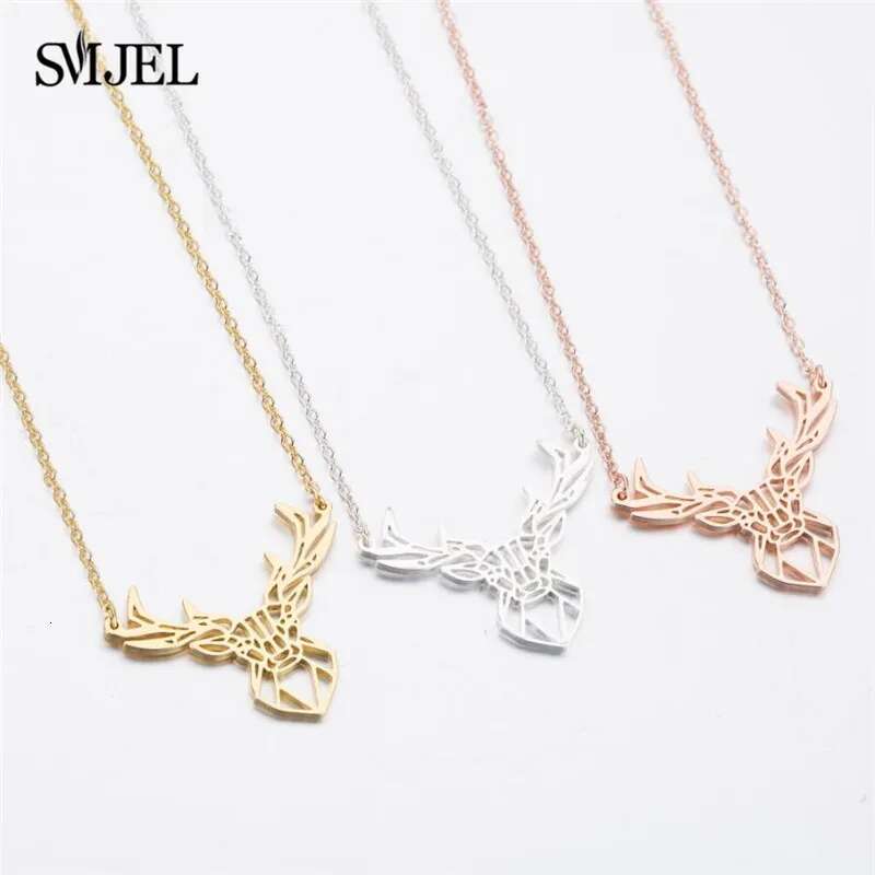 Punk Elk Deer Antlers Pendant Women Stainless Steel Origami Geometric Animal Necklace For Christmas Gifts Girls