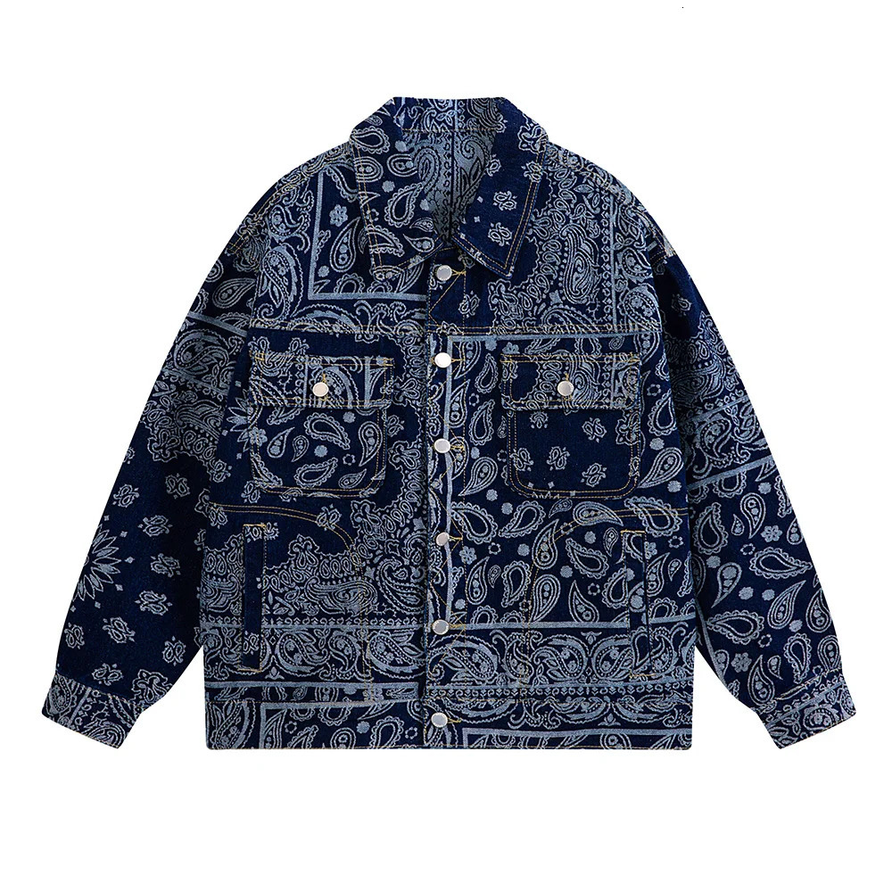 Mens Paisley Bandana Print Denim Jacket Streetwear Pattern Jacquard Weave Coat Fashion Loose Long Sleeve Outerwear Black Blue 250225
