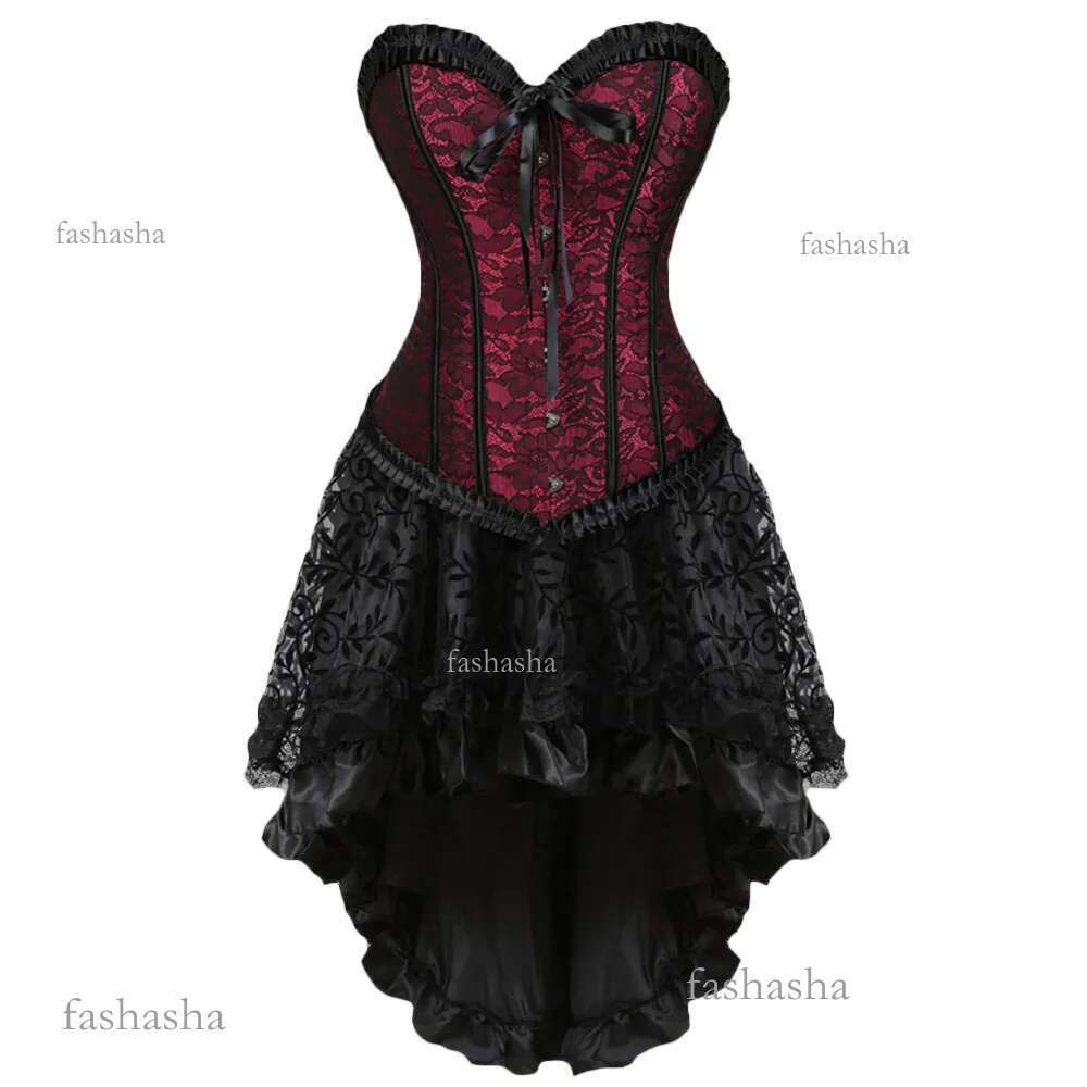 Gothic Floral Lace Up Corset Dress Showgirl Clubwear Lingerie Costume Burlesque Corset And Skirt Set Exotic W