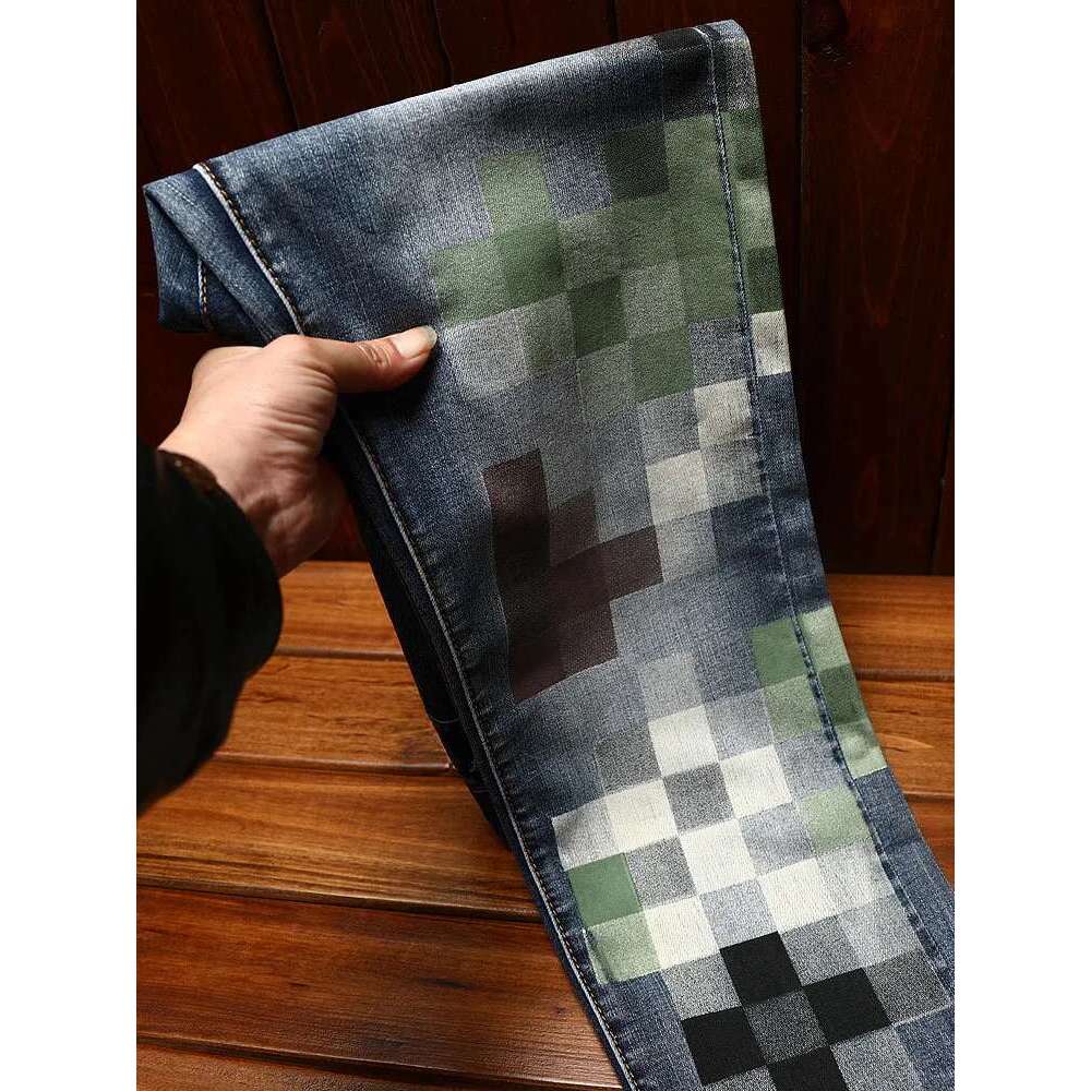 Trendy Design Mosaic Printed Jeans For Men's Fashionable Summer Thin Casual And Handsome Elastic Denim Slim Fit Small Leg Pants