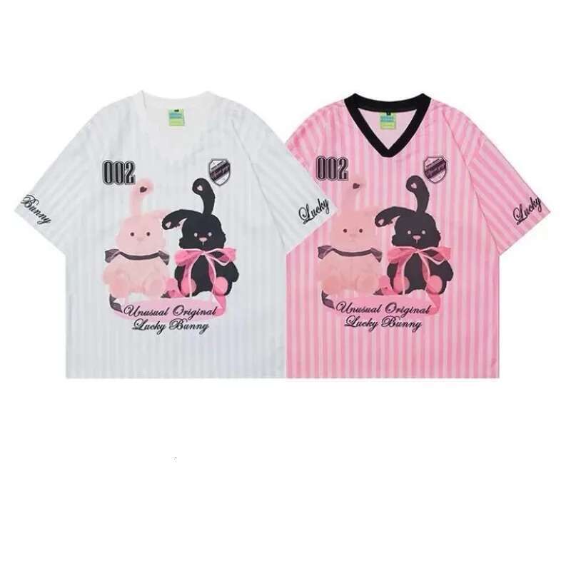 Summer Oversized V-Neck American Retro Jersey Cute Little Rabbit Print Short Sleeved T-Shirt For Women Sweet Pink Striped Top