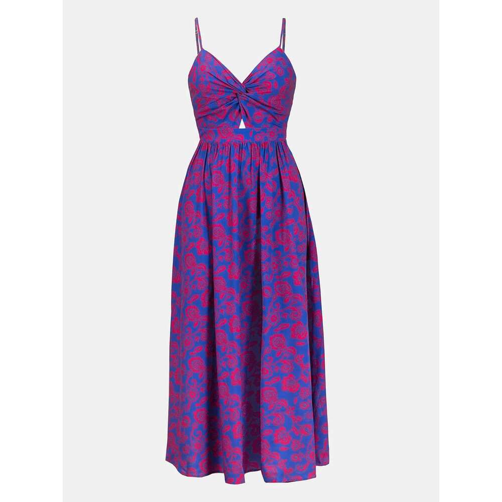Women's extra long with floral print and twisted V-neck sleeveless dress for summer casual wear