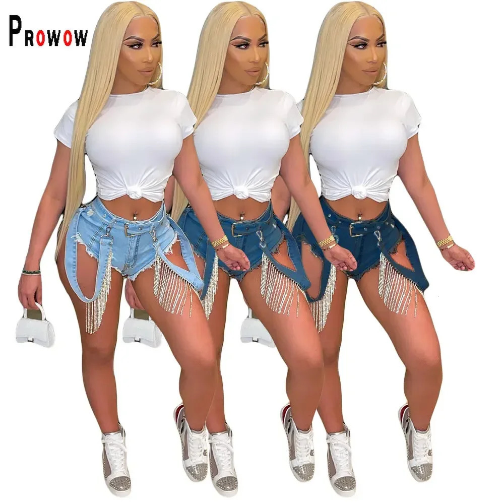 Prowow Fashion Diamond Tassel Womens Shorts Summer Denim Ultra n Y2k Style Party Club Boutique Jeans 250304