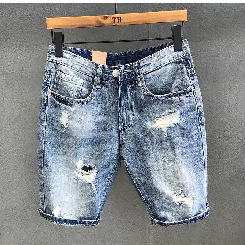 Summer Mens Korean Fashion Hole Baggy Denim Shorts Handsome Young Blue Cargo Jeans Shorts For MenT250305