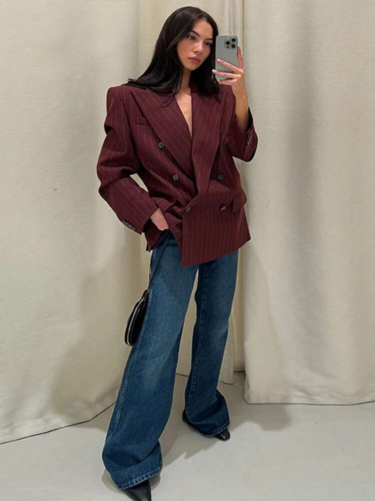Office Solid Color Double Breasted Women Coat Full Sleeve Turn-Down Collar Lady Stripe Jacket 2025 Spring Fashion Female Blazer