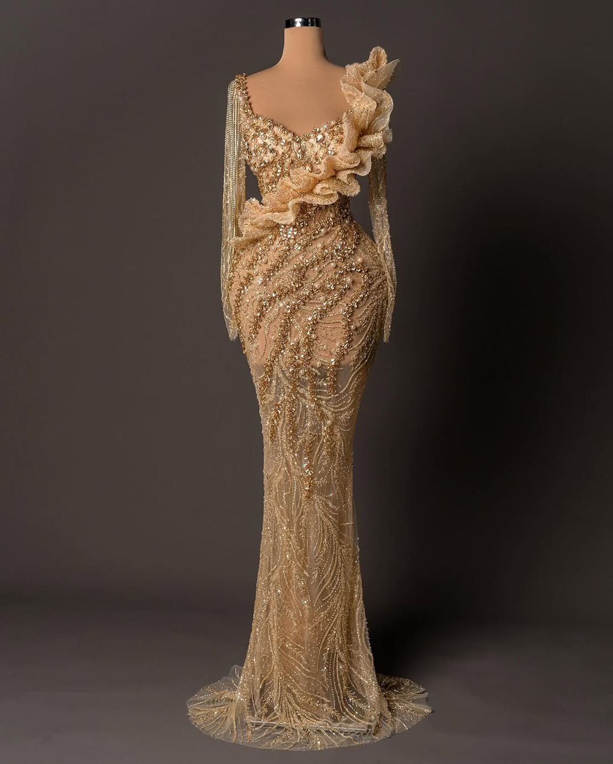 Exquisite Evening Dresses Crystal Pearls Mermaid Prom Gowns Rhinestone Tassel Long Sleeves Customized Sweep Train Formal Occasion Party Dress Vestidos