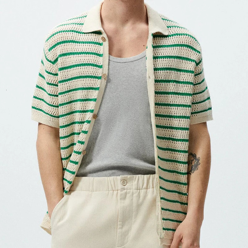 Mens Polo Shirt Light Knitted Clothing Vintage Striped Short Sleeve Fashion Leisure Hollow Out Knitwear M-3XL 250304