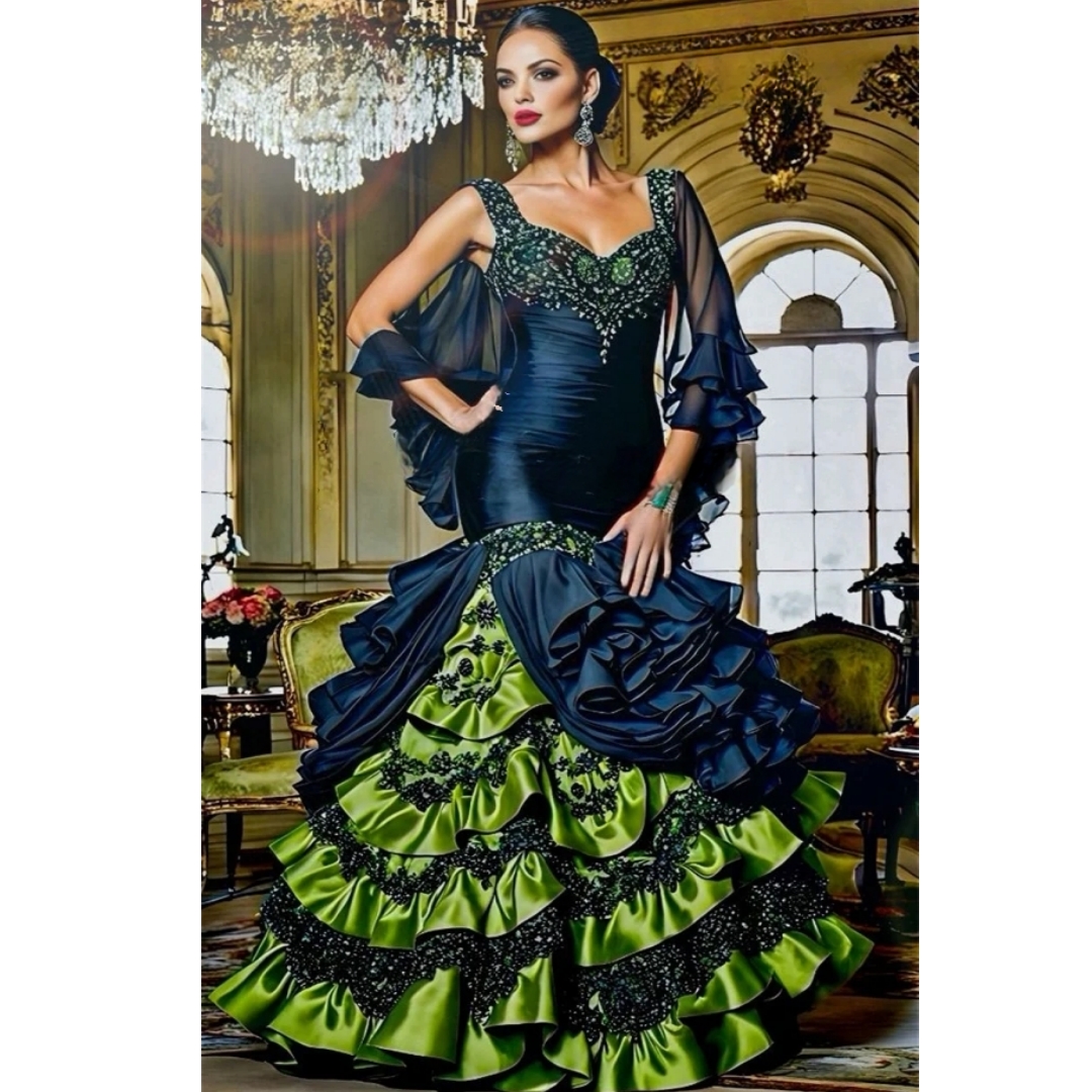 Vintage Ruffled Mermaid Prom Dresses Navy And Green Tiers Long Puffy Evening Gowns Lace Appliques Beaded Pageant Special Occasion Dress For Ladies 202