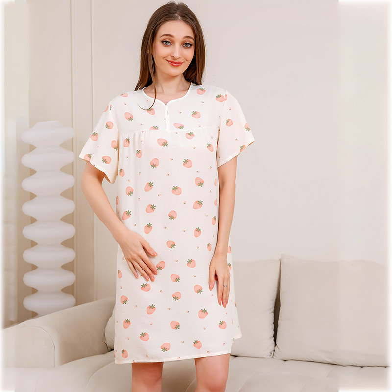 Chic Ladies' Short-Sleeved Cotton Poplin Midi Dress Featuring Adorable Strawberry Pattern for Relaxed Days at Home