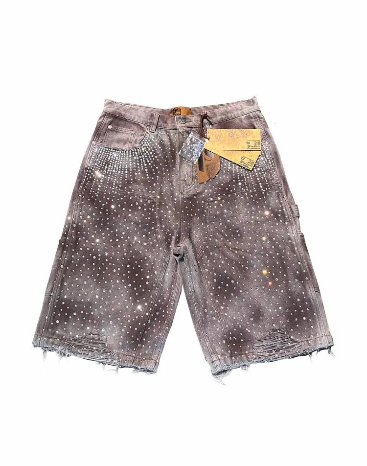 Streetwear Twinkle Diamond Rivet Denim Shorts Harajuku Goth Retro Washed Brown High Waist Pants Mens Clothing 250304