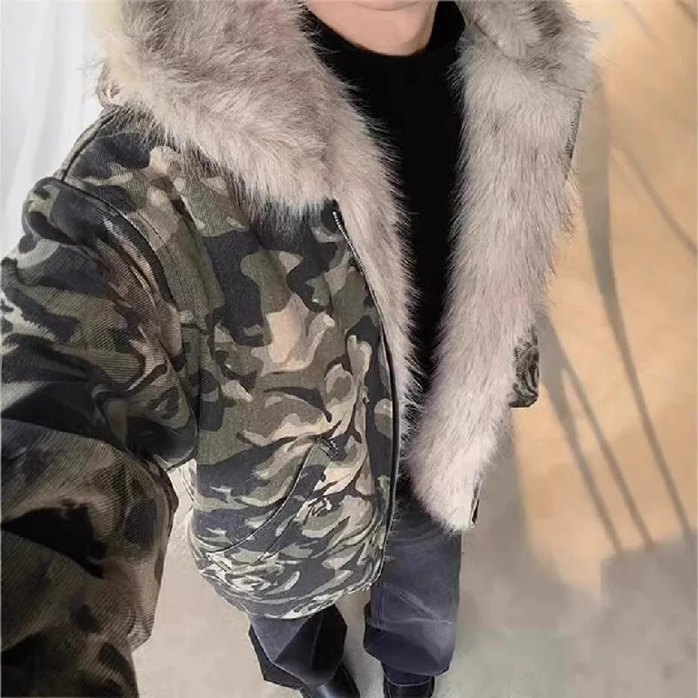 Retro Camouflage Plush Warm Zip Up Hoodie Y2K Jacket Mens Womens Gothic Retro Leaf Camouflage Oversized Hoodie Sweatshirt Jacket 250304