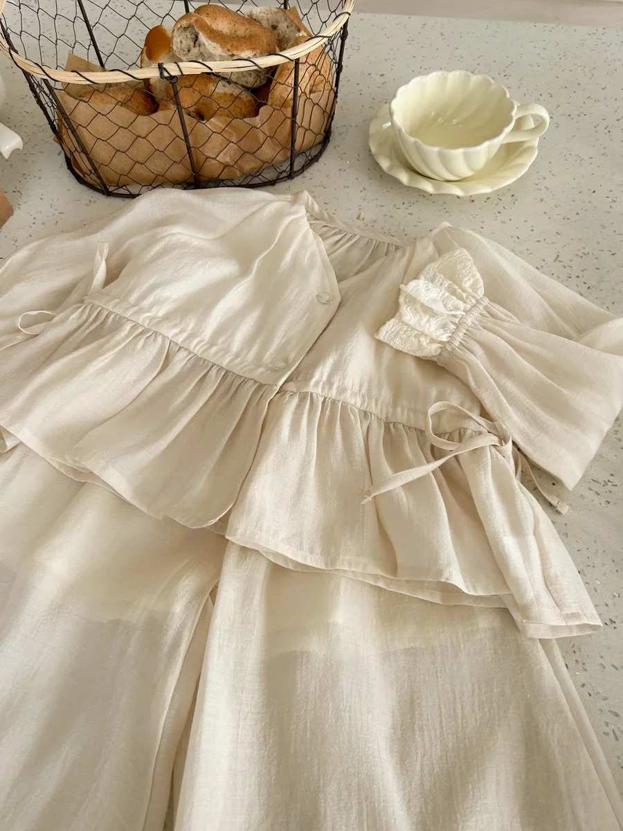 Childrens Sets Advanced Sense Girls Summer Shirt Skirt Two Pieces Simple Button Elastic Waist Pleated Fashion 250326