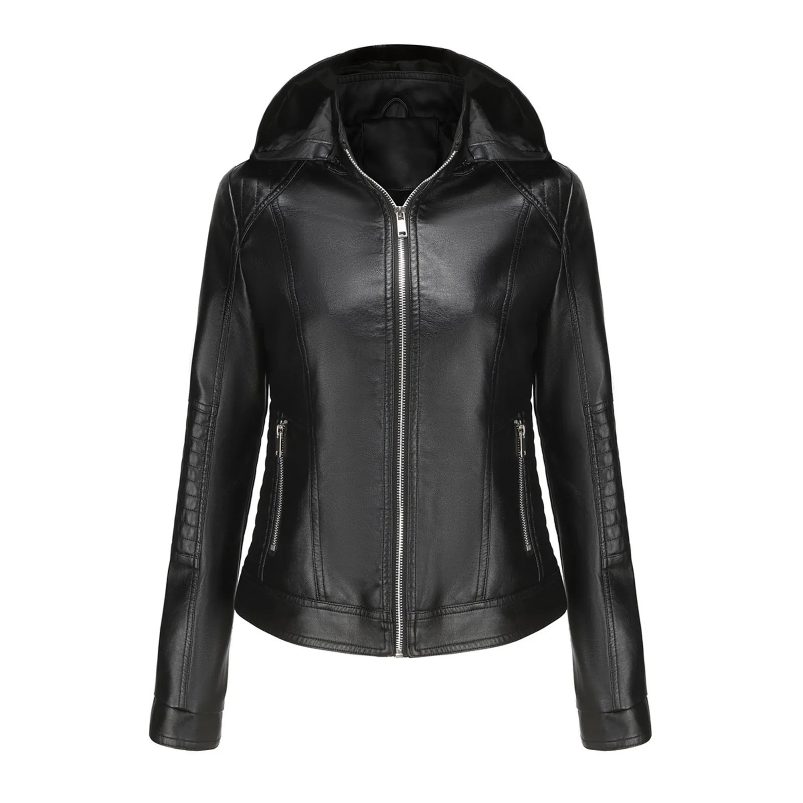 Womens Spring And Autumn Hooded Leather Coat Detachable Hat Windproof Short Casual Jacket Ladies Western Jackets 250226