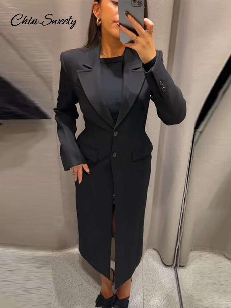 Vintage Lapel Black Long Overcoat Women Slim High Waist Full Sleeve Single Breasted Shoulder Pad Coat New Spring Commute Outwear
