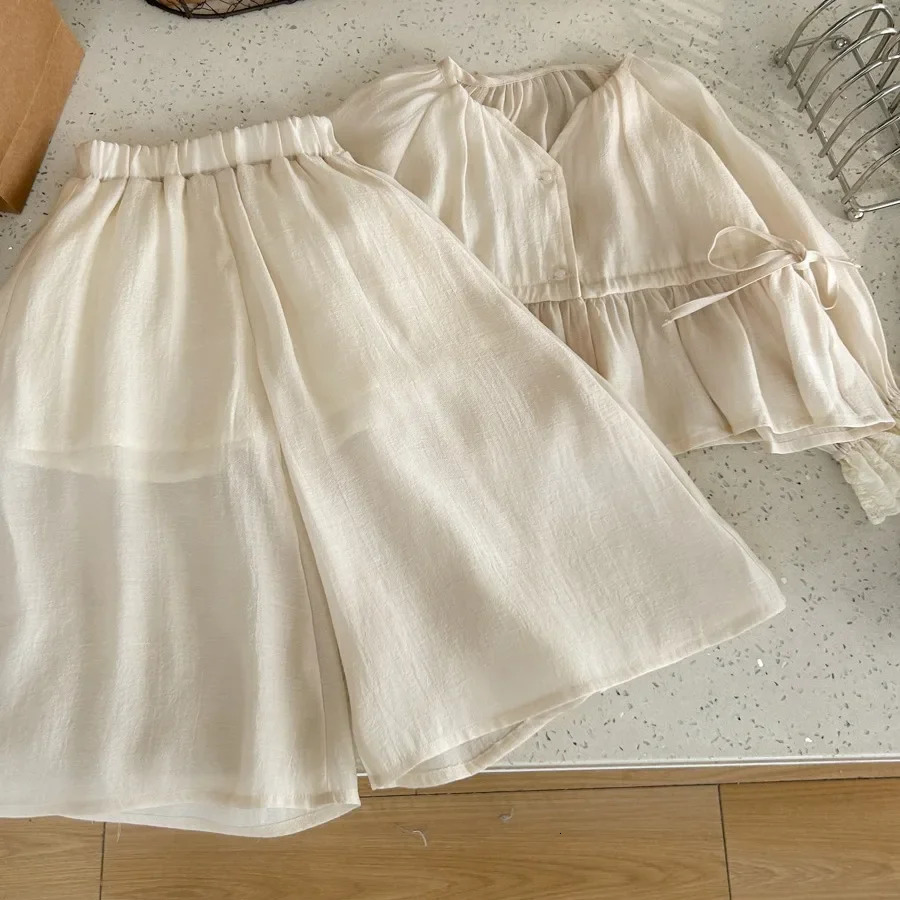 Childrens Sets Advanced Sense Girls Summer Shirt Skirt Two Pieces Simple Button Elastic Waist Pleated Fashion 250326