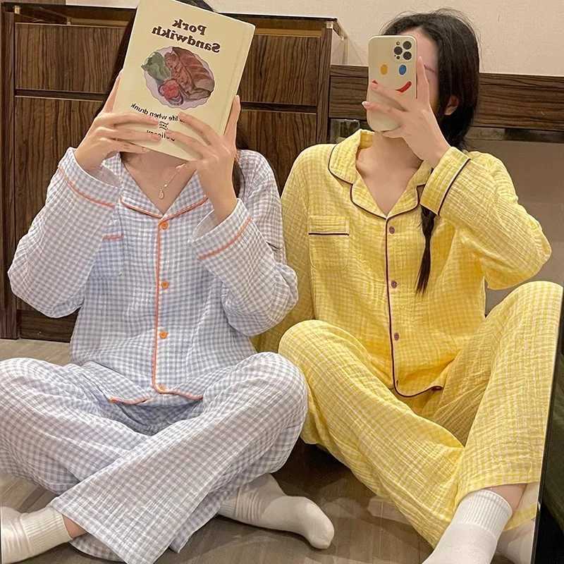 Spring and Autumn New Ladies Pajamas Homewear Set Girlfriends Pajamas Female Ins Plaid Couple Models Simple Pajamas Homewear SetT250305