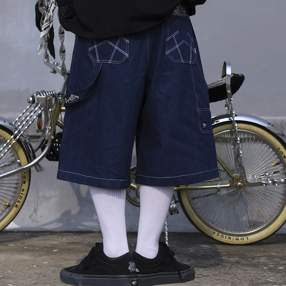 High Street Embroidery Casual Over Knee Summer Jeans Shorts Mens Wide Leg Baggy Y2K Denim Short Oversized Five Point Pants 250304