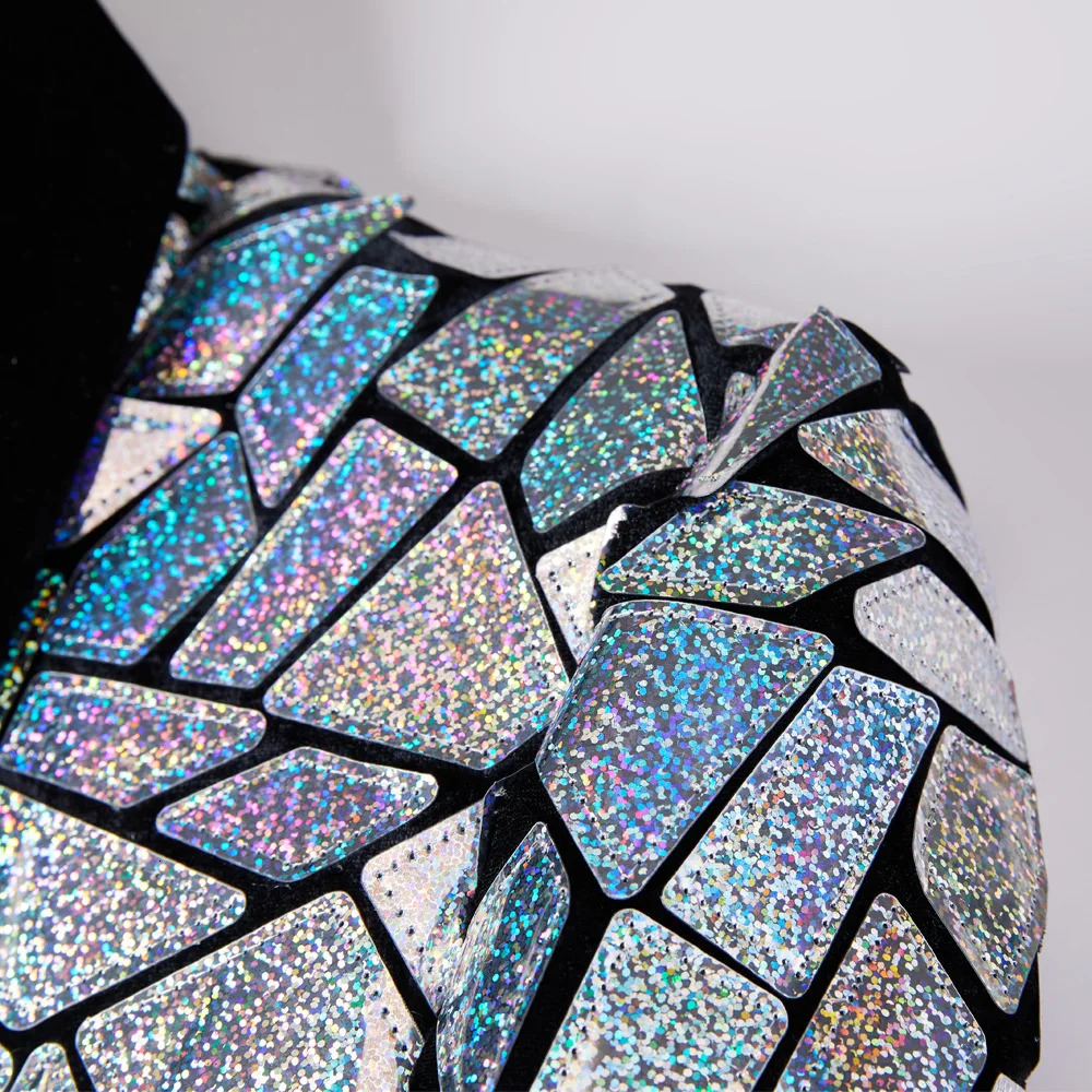 Mens Laser Sequin Blazer Jacket Shawl Lapel One Button Shiny Groom Wedding Party Suit Tuxedo Nightclub Host Mirror Coat 250304