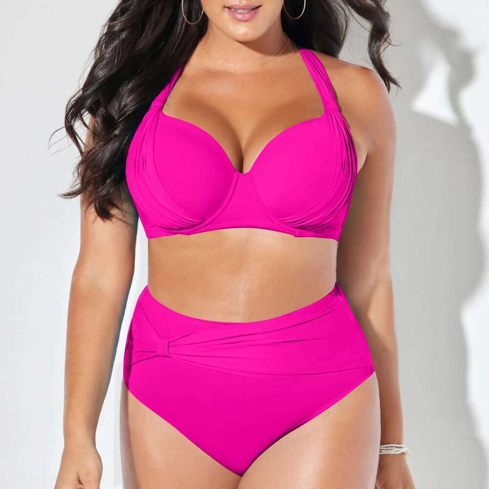 Color Solid Oversized Swimwear Split Two Piece Sexy Gather High Waisted Bikini Sets Holiday Women's Swimsuit Km-Ly