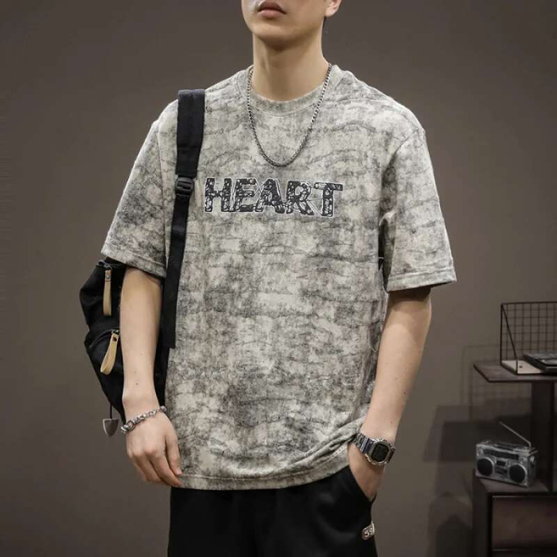 2024 Summer New Round Neck Heavyweight T-Shirt Men's American Retro Distressed Washed Cotton Fashion Trend Letter Embroidery Top