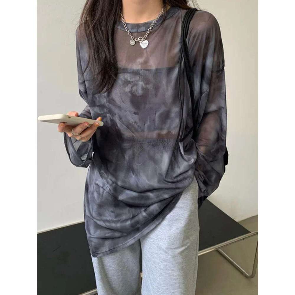 Women T-Shirt Tie Dye Long Sleeve Ladies Spring Loose High Street Stylish Thin Leisure Minimalist Haruku Ins Comfortable Chic KLMY