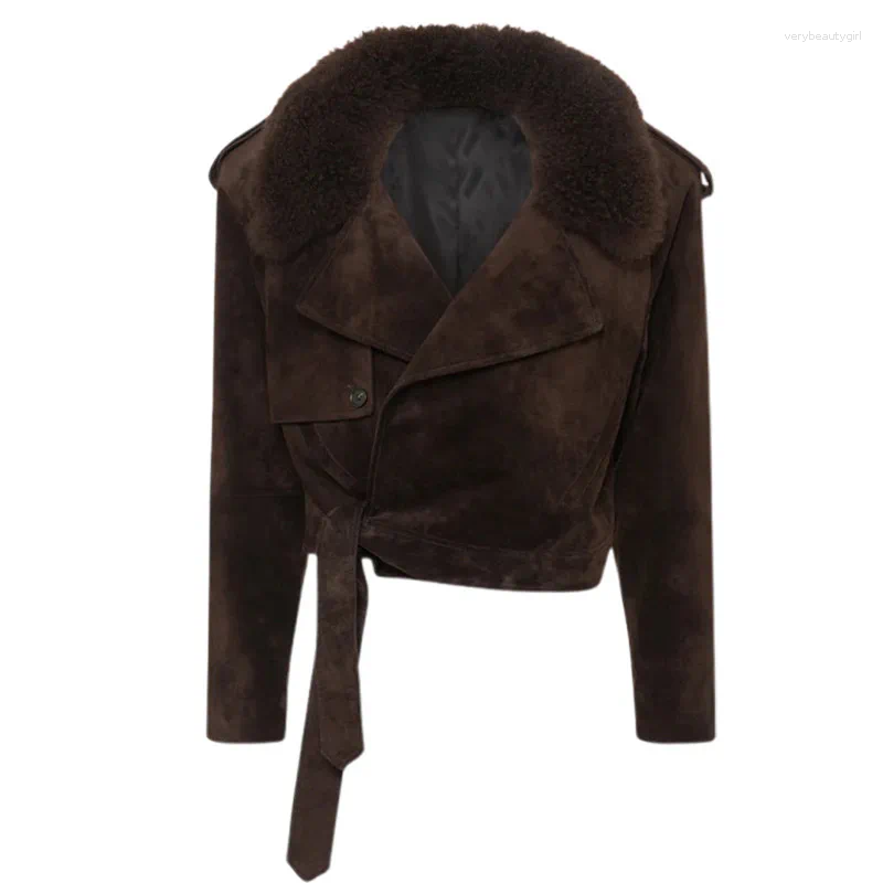 Women's fur coats Retro Faux Collar Suede Short Coats Women Elegant Lapel Lace Up Long Sleeved Outfits For Woman Autumn Solid High Street Outwear