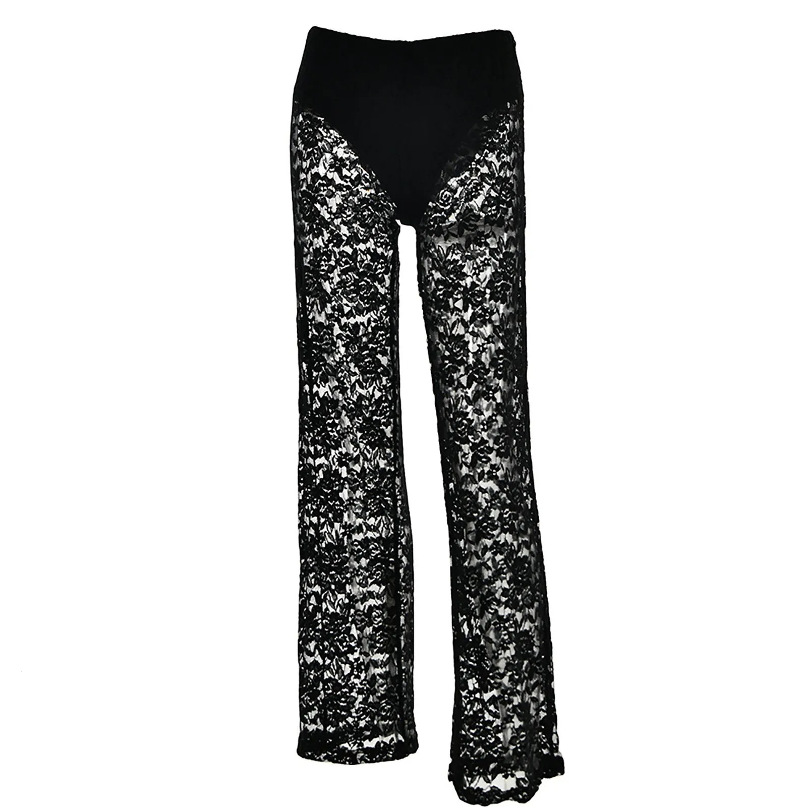 Women Pants Lace Sexy Sheer Thin Mesh Transparent Straight Pants Fashion Jacquard Nightclub Streetwear Tight Black White Pants 250304