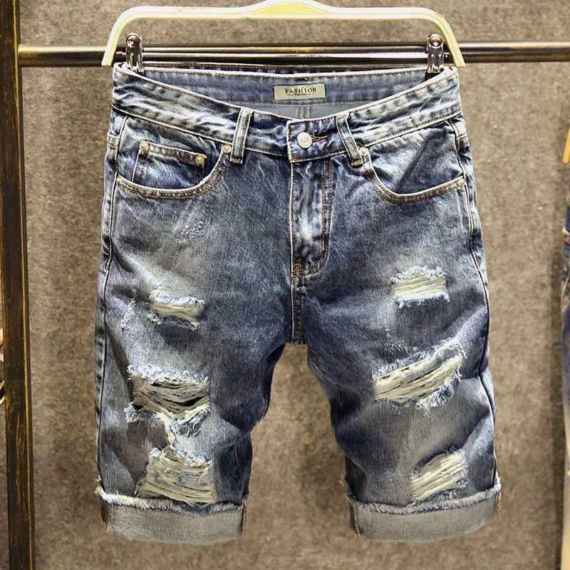 2024 Summer New Fashion Solid Color Ripped Stretch Denim Shorts Mens Casual Slim Comfort High Quality Plus Size Shorts 28-36T250305