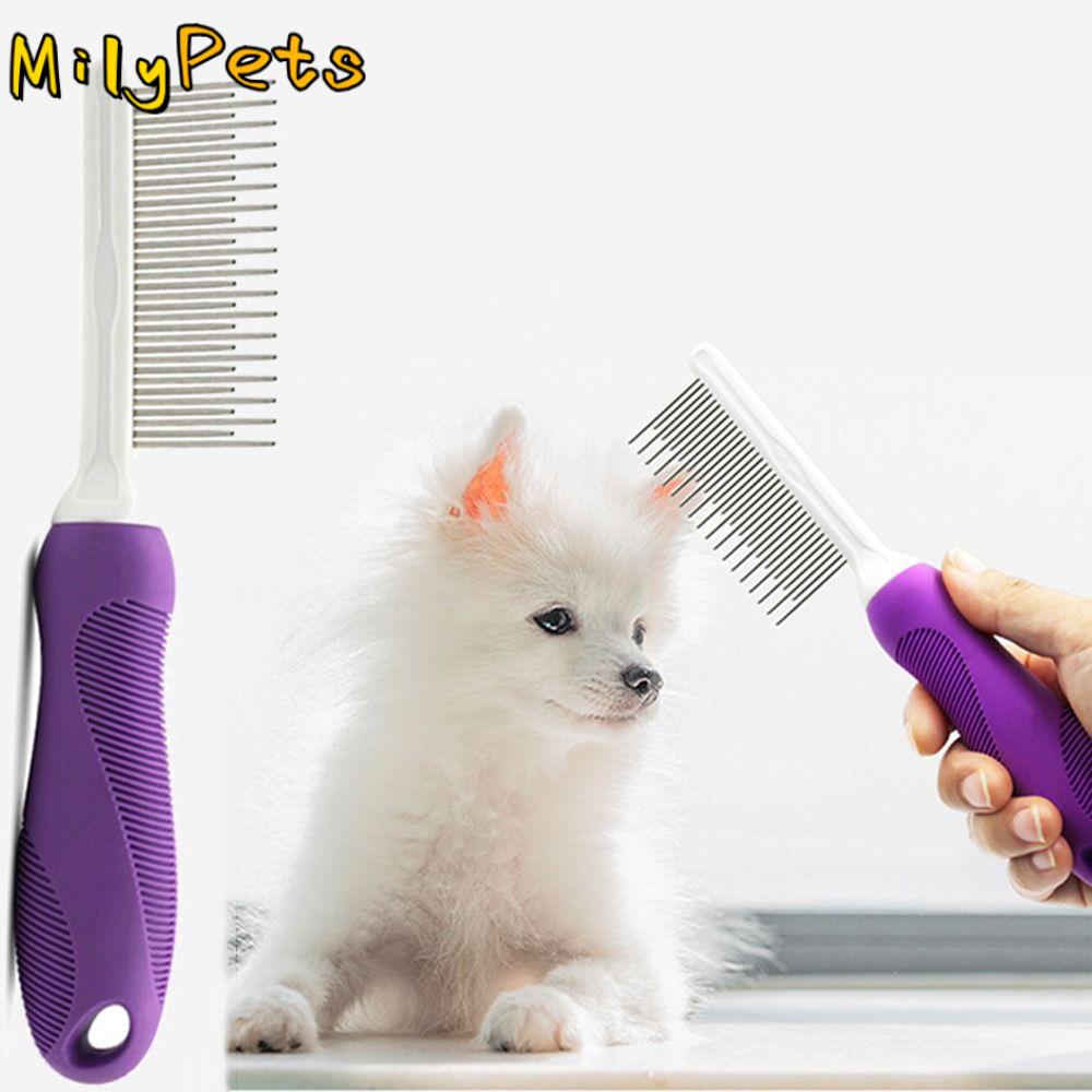 Long & Short Teeth Pet Dematting Hair Rake Reduce Loose Hair Stainless Steel Small Pet Hair Brush Anti-slip Easy Grip Handle