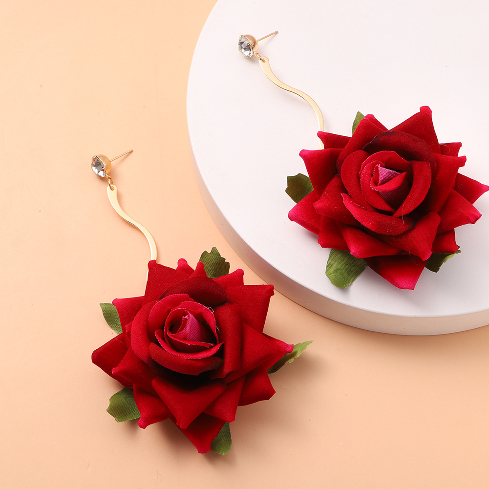 Exaggerated Three-Dimensional Rose Fabric Flower Earrings for Spring & Summer