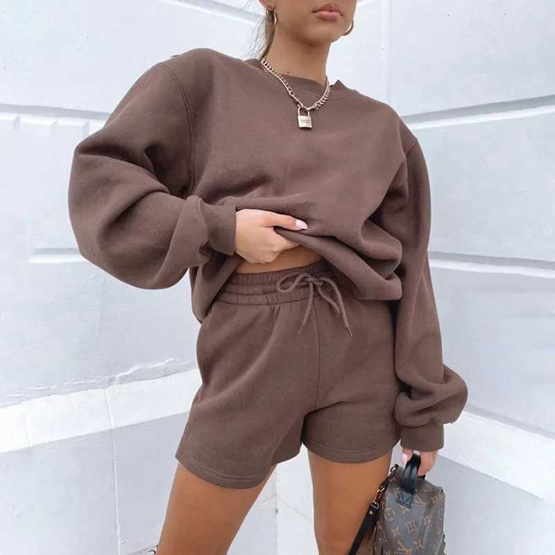 Womens Short Sets Round Neck Long Sleeve Solid Color Elastic Waist Pencil Pants Pullover Loose Fit Casual Pockets Autumn X250305