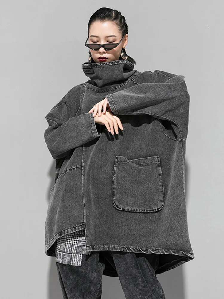 Loose Fit Black Denim Sweatshirt New High Collar Long Sleeve Women Big Size Fashion Spring Autumn