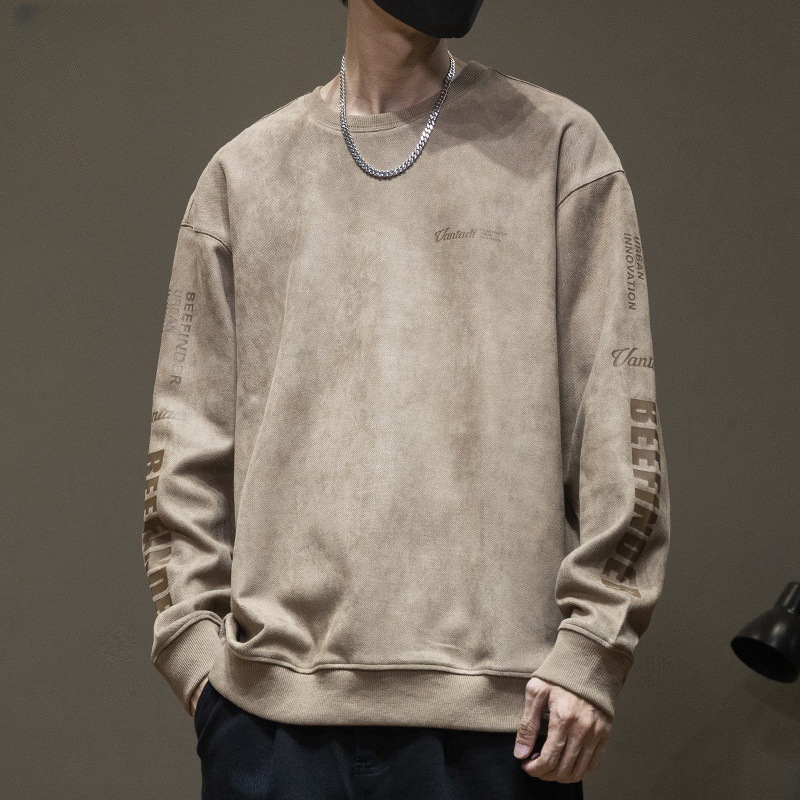 M8126 Suede sweatshirt American style long sleeve men's tops men's round neck print trendy