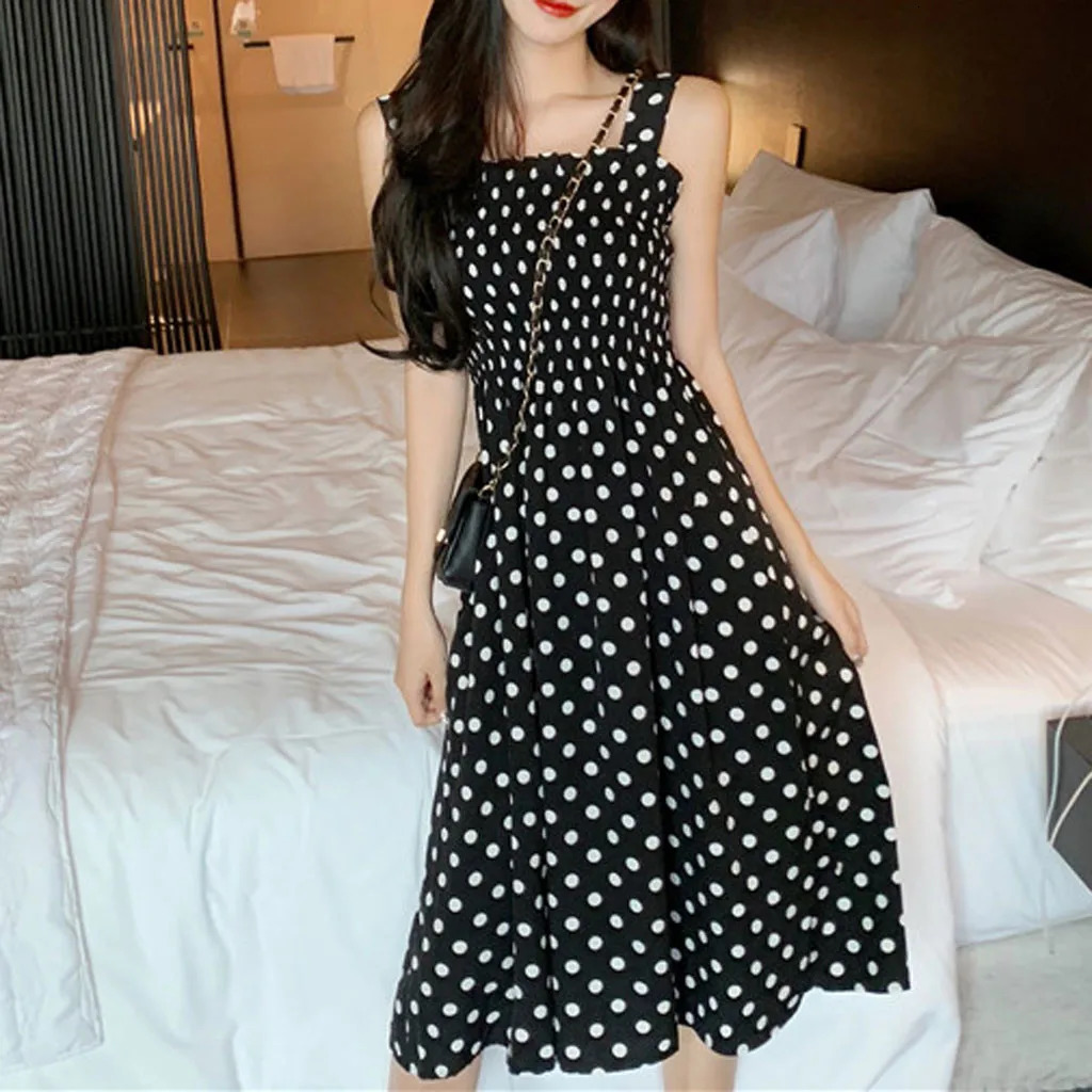 Womens Dresses 2024 Summer Fashion Loose None Sleeve Polka Dot Shoulder Plus Size Casual Dress Sexy 250304