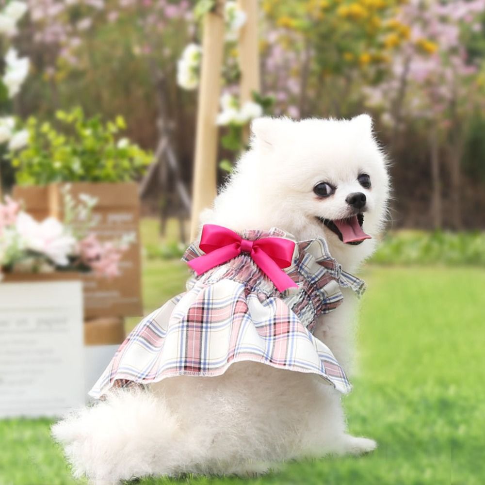 Pet Clothes Big Bow Cat Dog Plaid Dress Lovely Flounce Puppy Skirt Cute Skin-friendly Pet Dress Photograph Prop