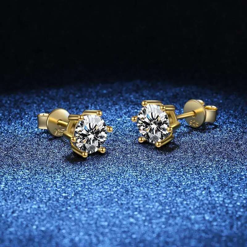 Moissanite Stud Earrings Yellow Gold Plated Sterg Sier Earring, 0.3-2.0 Carat Lab Created Dia Men Women Jewelry