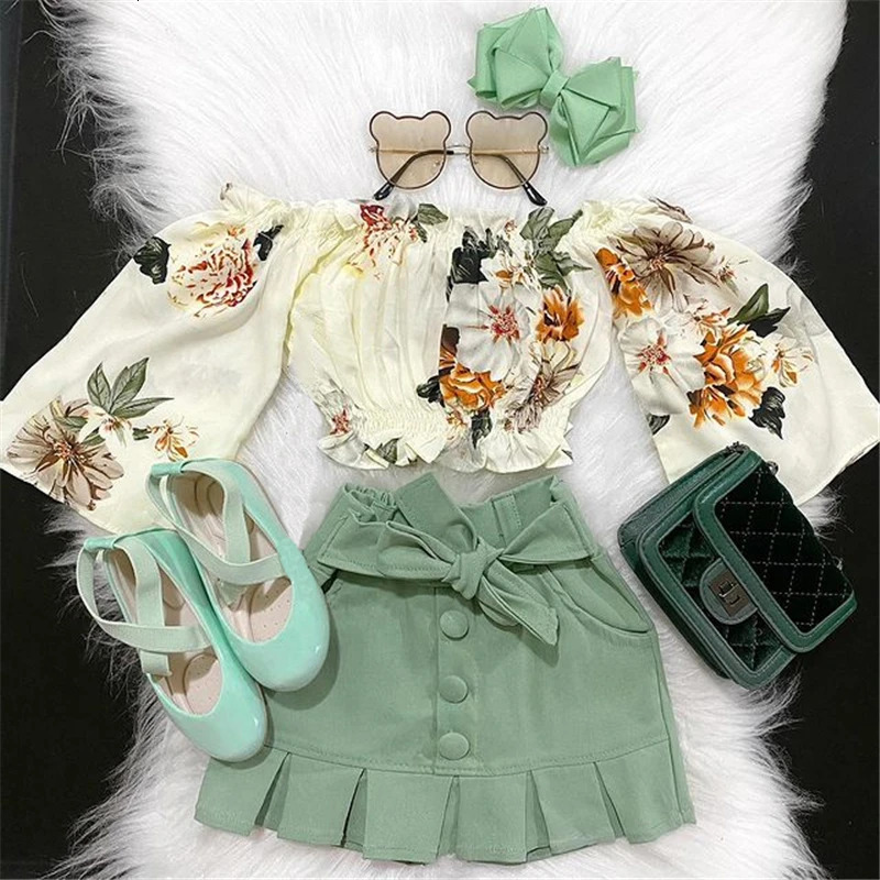 1-6Y Summer Toddler Baby Kid Girl Clothes Set Floral Off Shoulder Crop Top Skirts Outfits Children Girls Costumes 250304