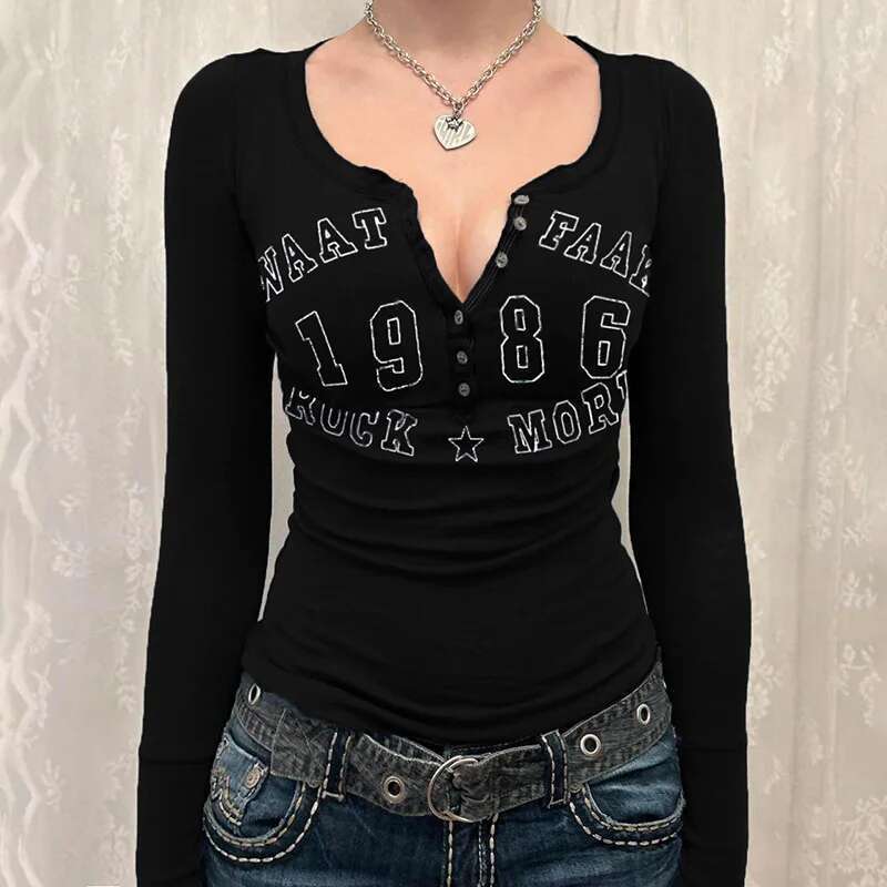 Women's Black T-shirt Autumn Letter Print Streetwear Long Sleeves Round Neck Moulding Top Sexy Button Casual Fashion Thin Women's T-Shirts