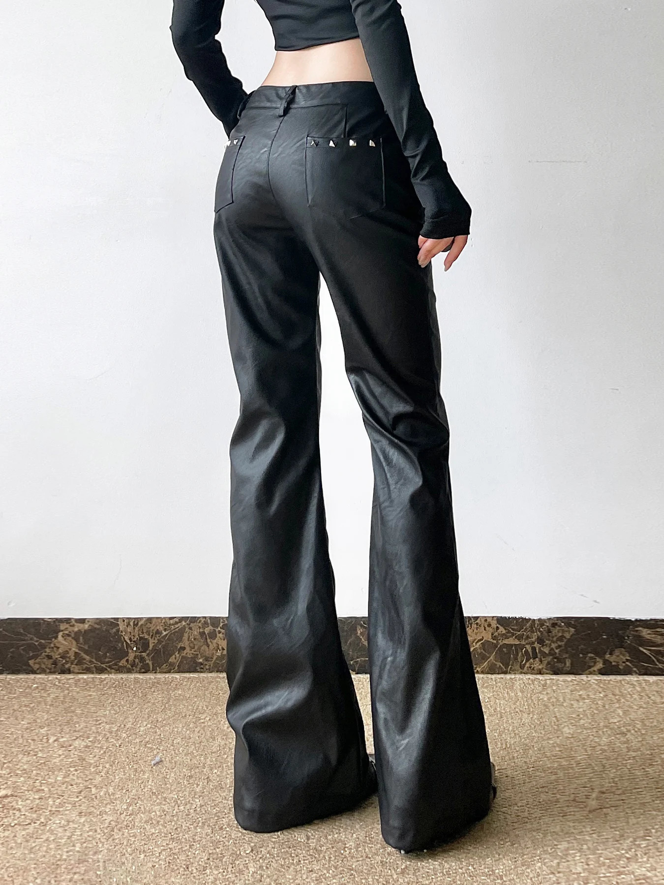 Rockmore Gothic PU Leather Womens Pants Retro Street Clothing Solid Low Waist Straight Trouser 2000s Fashion Y2k 250304