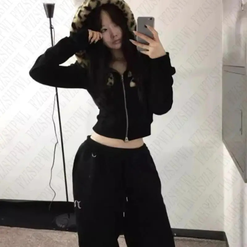 Y2K Women Leopard Print Hoodies Clothes Hip Hop Graphic Punk Aesthetic Gothic Fashion Vintage Zip Up Hoodies Streetwear EMO Girl 250304