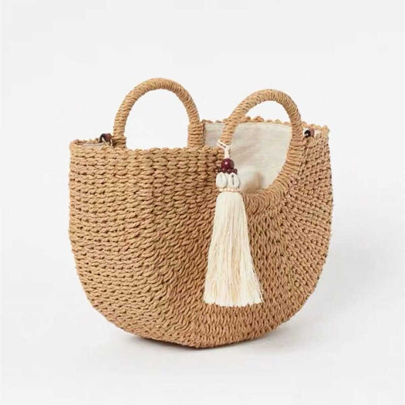 Craft's New Round Bucket Hand-held Moon Bag, Tassel Woven Bag, Beach Bag 250315